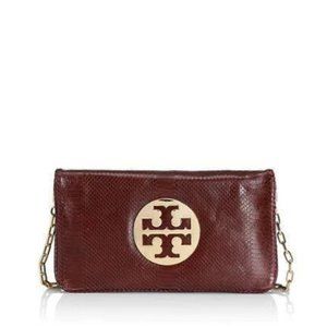 Tori Burch Burgundy Snake Reva Clutch